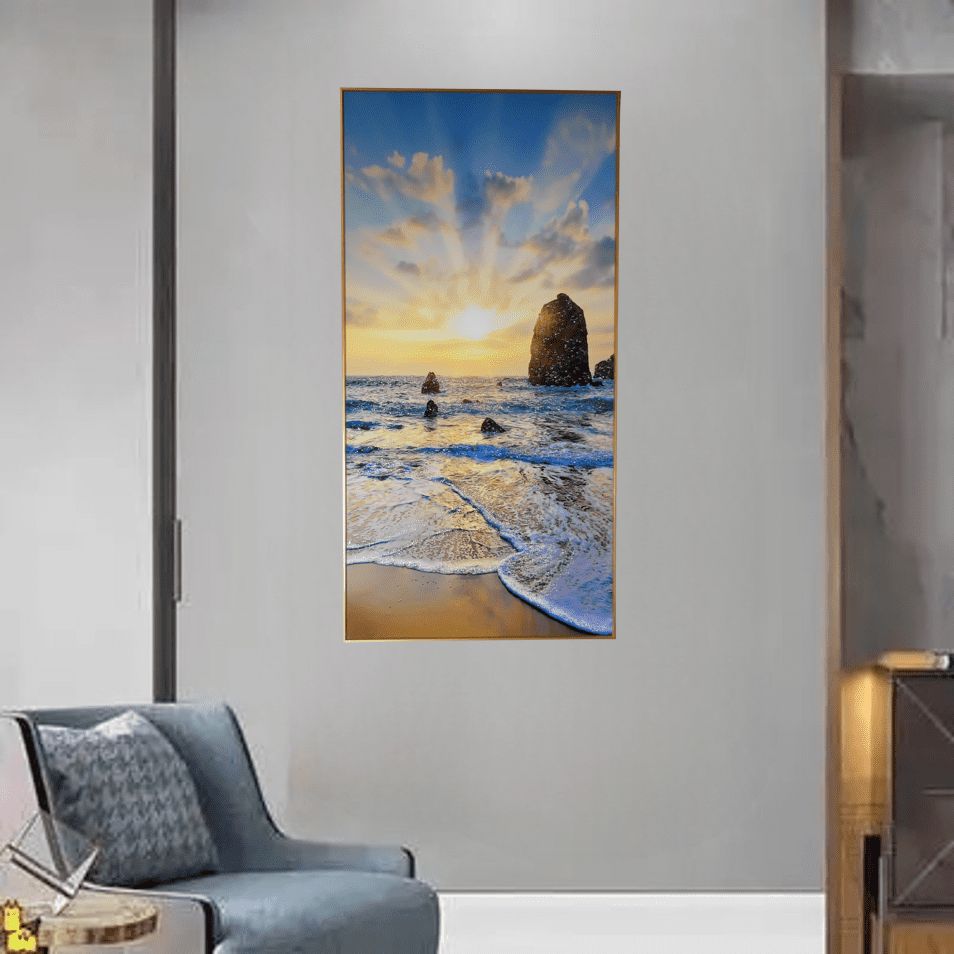 クリスタル ポーセリン キャンバス 「Beach Sunset Scenery」 クリスタルダイヤモンド付 120*60 アート 絵画 絵 大型 壁掛け オフィス 自宅 部屋 玄関 自然 風景 海