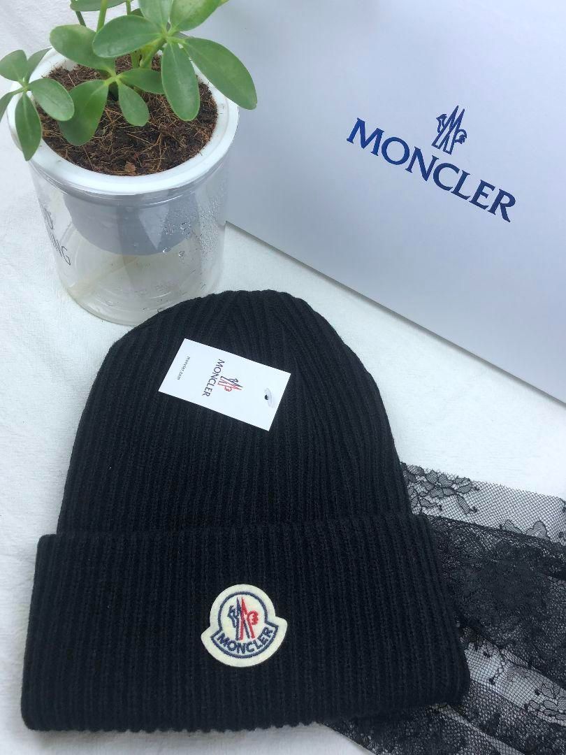 MONCLER ニット帽 キャップ ビーニー 黒 BLACK ロゴ - メルカリ