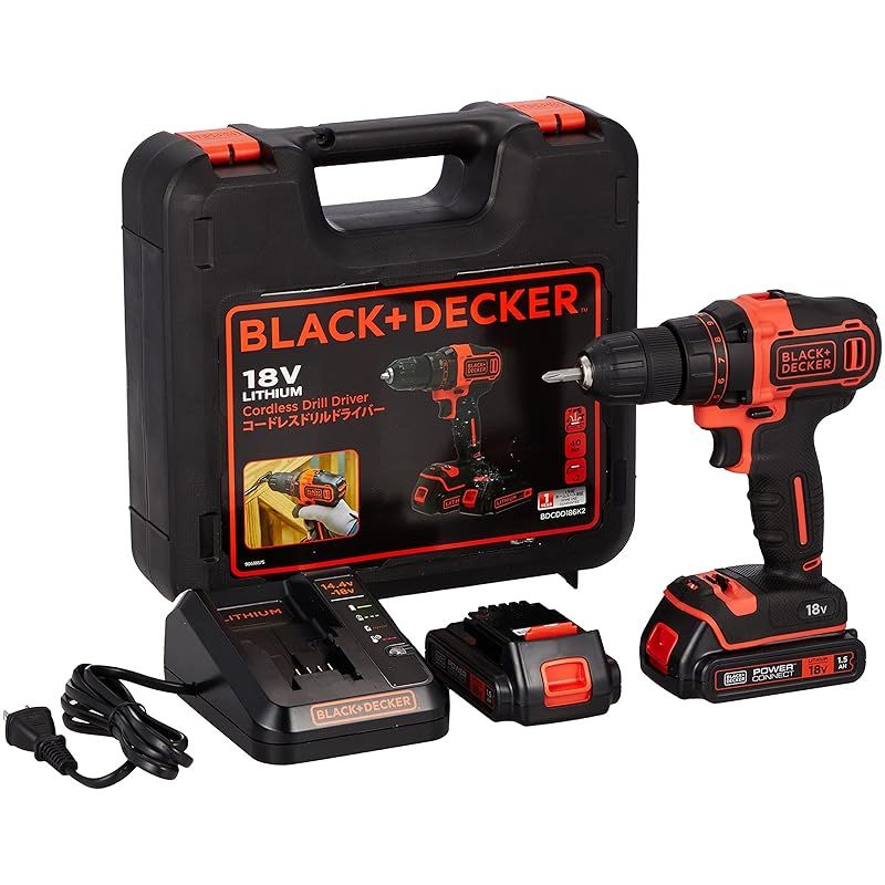 ブラックアンドデッカー BLACK DECKER コードレス ドリルドライバー DIY 電動工具 穴あけ 締付工具 18V リチウム 電池 2個付き BDCDD186K2 0