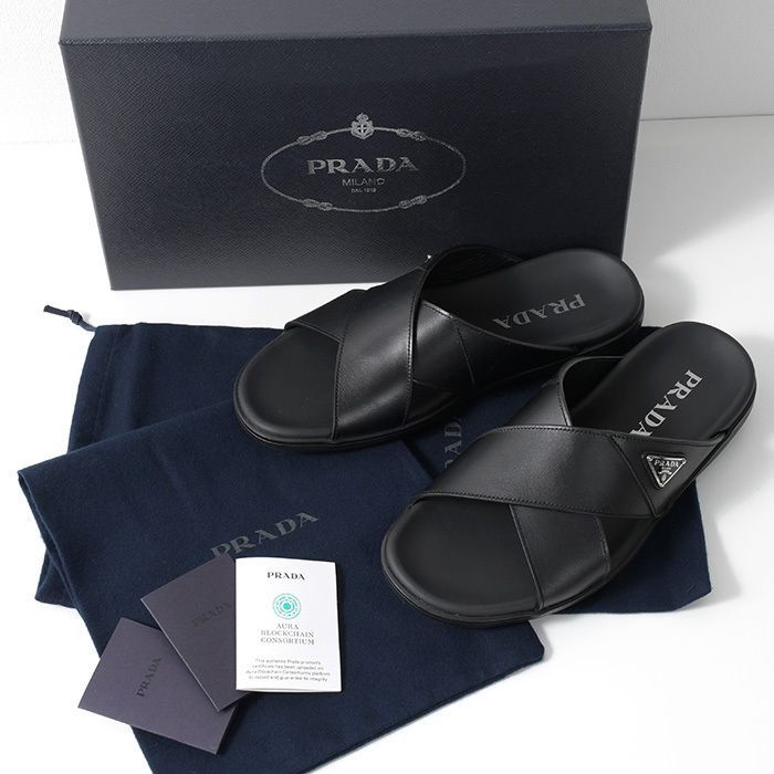 PRADA プラダ サンダル レザー クリスクロス スライドサンダル