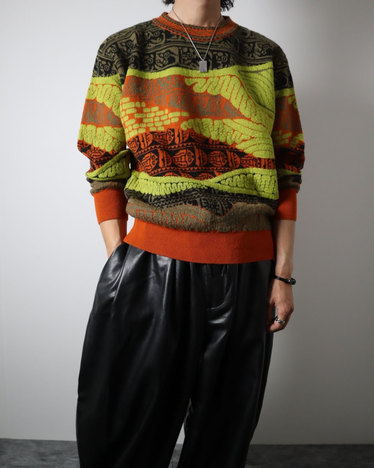 vintage】オルテガ調 総柄 デザイン 3D ウール ニット セーター-