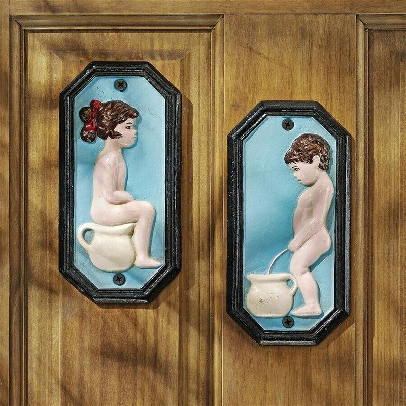 セール！即納！ティンクルツインズ(お手洗いサイン 男の子女の子用) バスルーム トイレ鋳鉄製 壁装飾 彫像 コレクティブル装飾 新店舗お祝い 贈り物(輸入品）