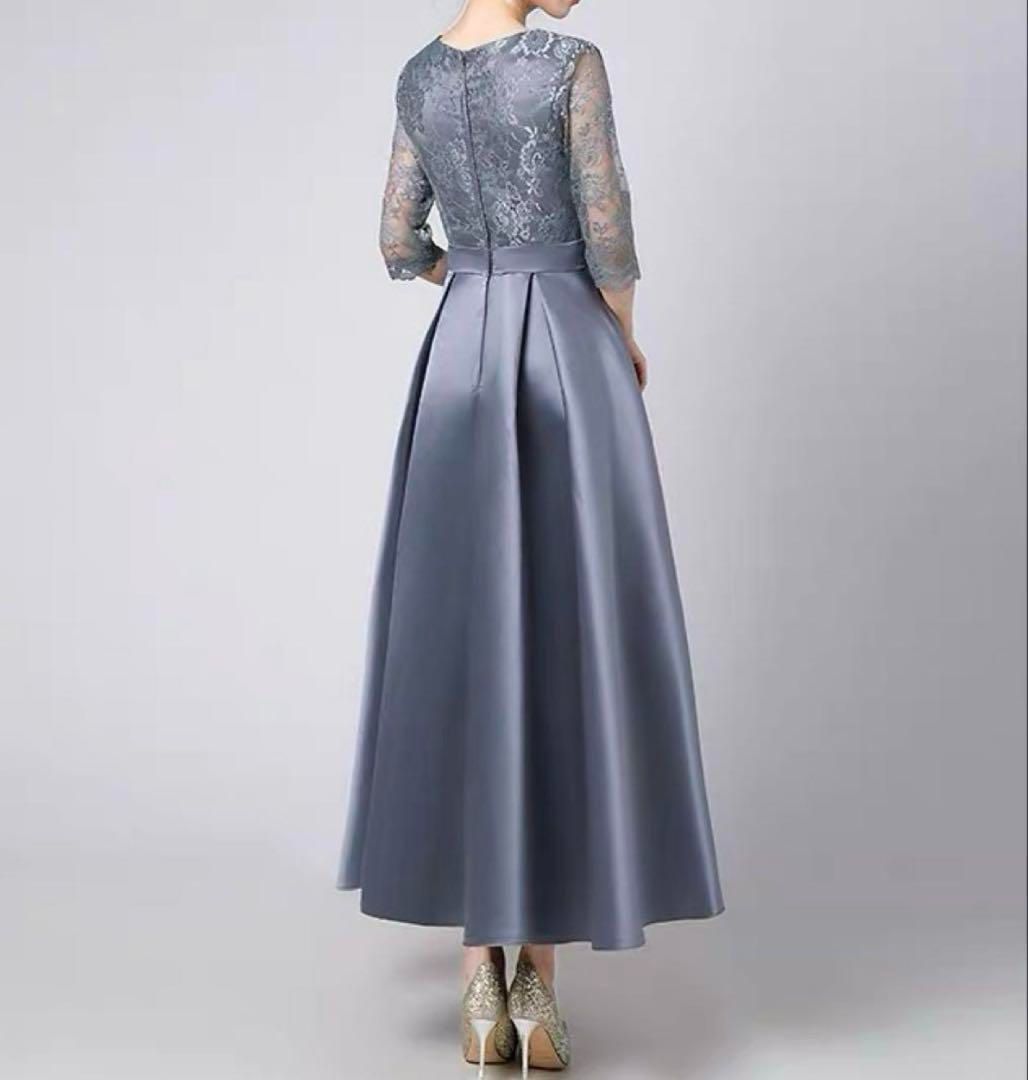 美しい花柄レースにサテンスカートの六分袖 イブニングドレス 25年新作 新品未使用 美しい花柄レースにサテンスカートの六分袖