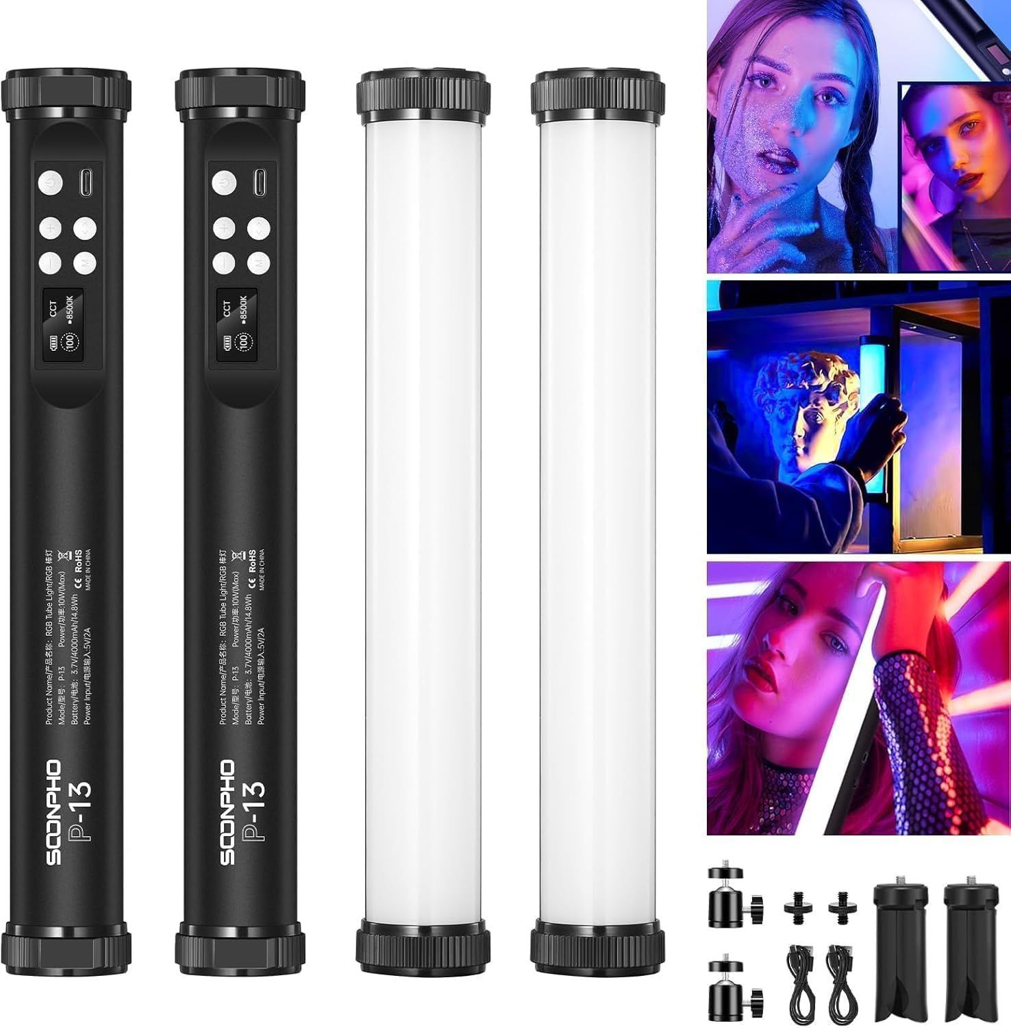 SOONPHO P13 撮影用 スティックライト RGBビデオライト LEDチューブライト フル 2500-8500K色温度 FXモード 記憶機能 4000mAh充電式 マグネット搭載 卓上スタンド 日本語説明書付き 2本セット 29CM