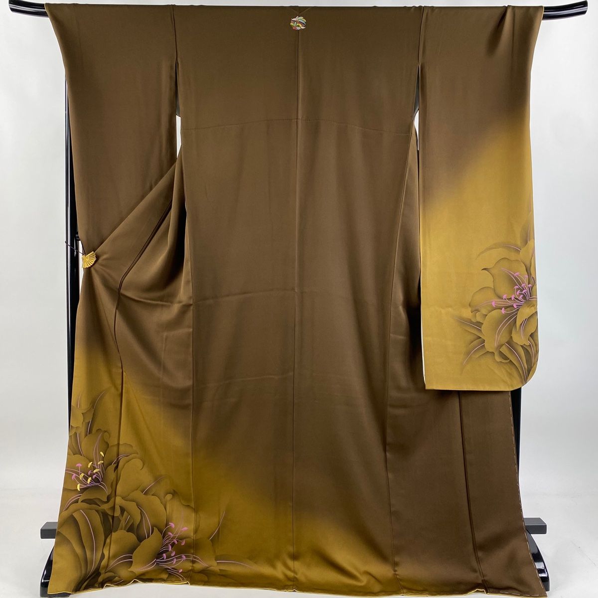 振袖 身丈176cm 裄丈71cm L 袷 鈴乃屋 百合 金糸 染め分け 焦茶色 正絹 秀品 一つ紋