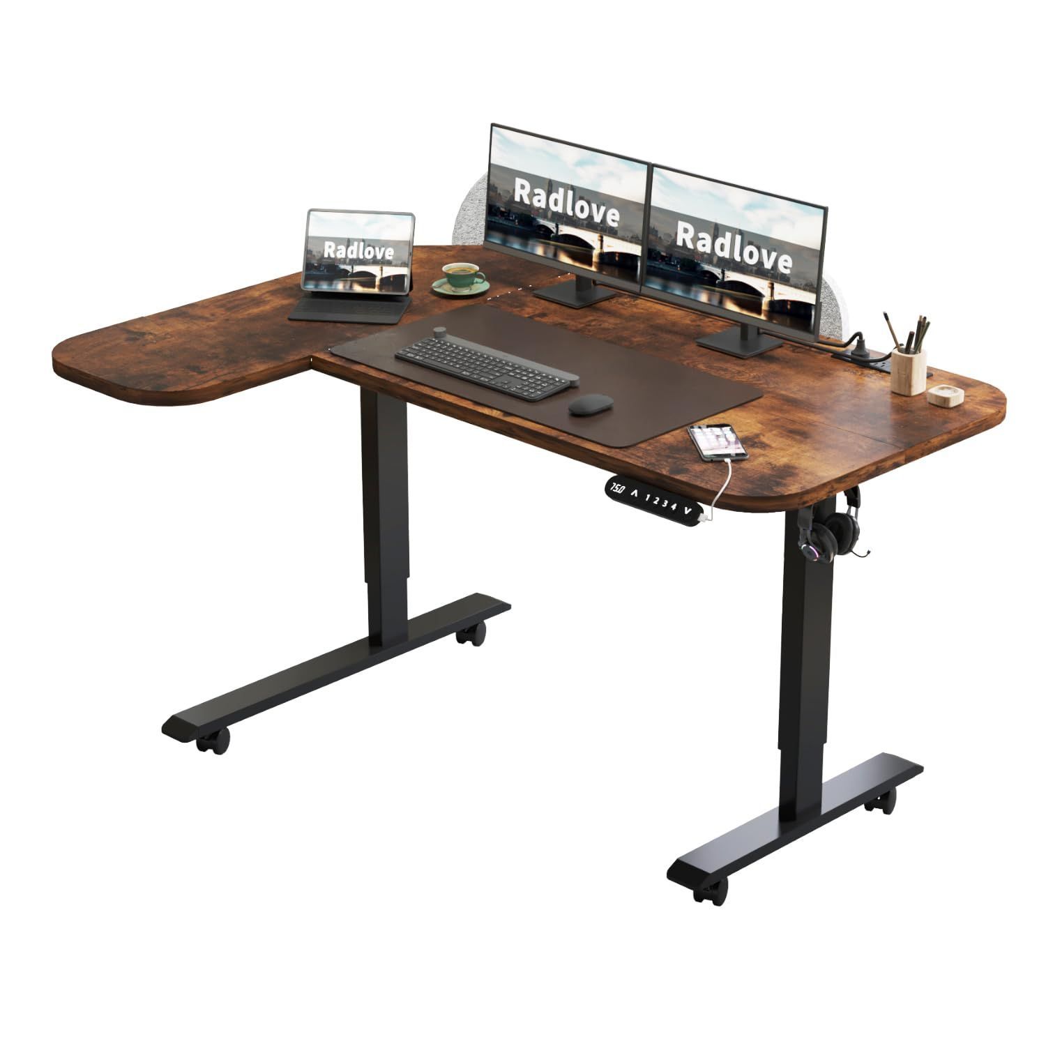 大 高さ調節 71~117CM メモリー機能付き ゲーミングデスク スタンディングデスク 間仕切り付き 幅150CM＊奥行き100CM パソコンデスク マウスパッド付き 電動 L字 ブラウン 昇降デスク Radlove