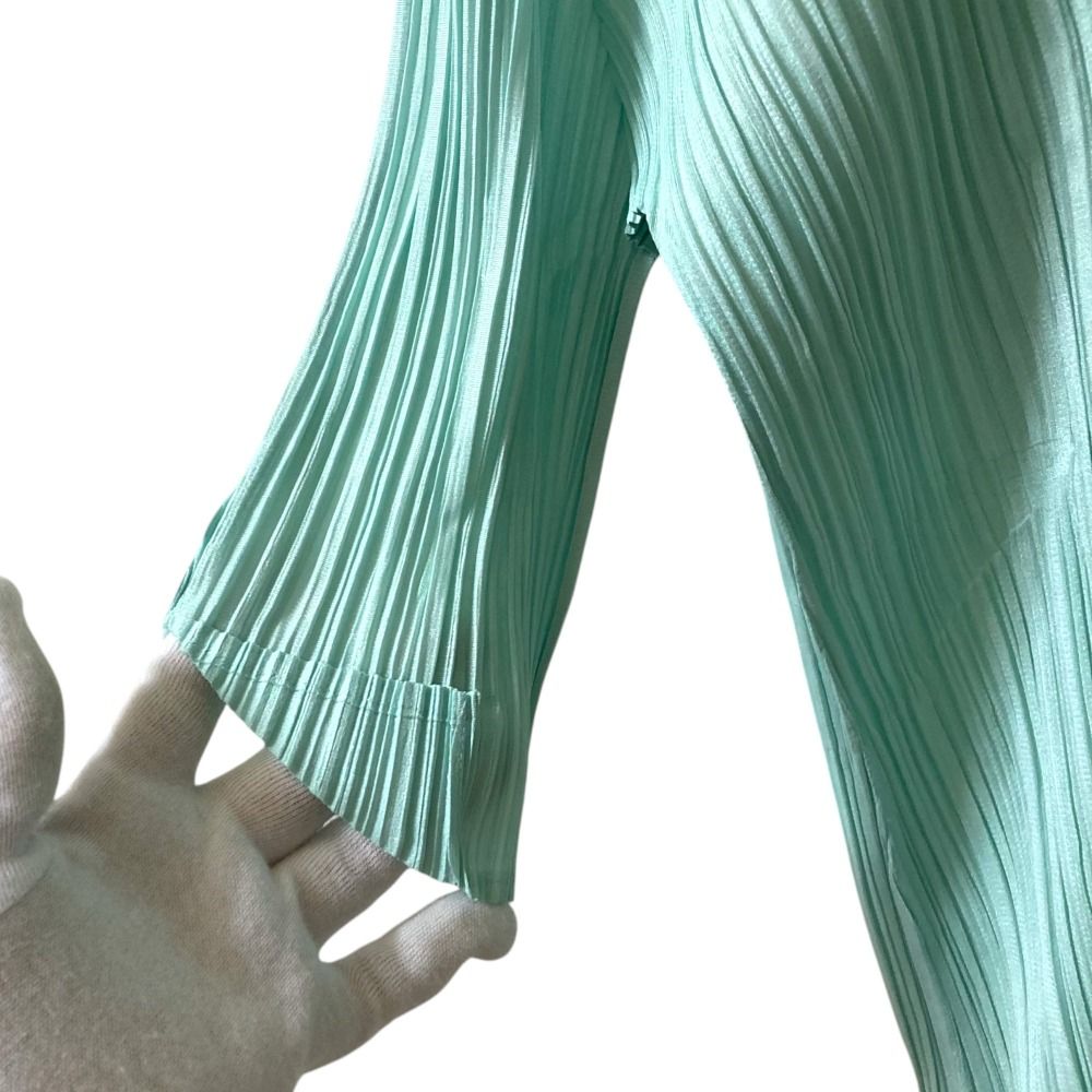  PLEATS PLEASE プリーツプリーズ イッセイミヤケ ダブル ハーフスリーブ ブラウス PP 53-JJ 103 サイズ4 ミントグリーン レディース 古着 五分袖 七分袖 シャツ ブラウス