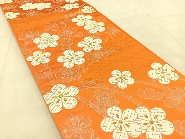 銀糸　正絹　袋帯　唐織　亀甲小花華紋　六通　振袖，留袖など 唐織り 銀通し 華紋 鳳凰 袋帯 正絹 唐花 金糸 白 紫 赤 青緑