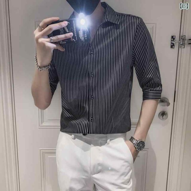 [M]秋冬 コーデ メンズ  服 シンプル ファッション オシャレ 大人 かっこいい 大きいサイズ ストリート 紳士服 黒 ストライプシャツ 韓国スタイル 七分袖 半袖 シャツ ジャケット