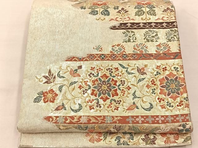 平和屋着物◎六通柄袋帯 更紗花文 金銀糸 正絹 逸品 BAAS1319je