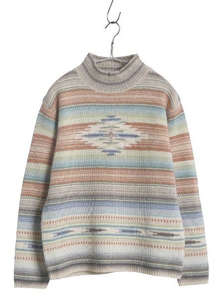 なクーポン配布中! 90s ローレン ラルフローレン ネイティブ ボーダー ニット セーター レディース S オールド ポロ ウール 手編み ハンドメイド ハイネック