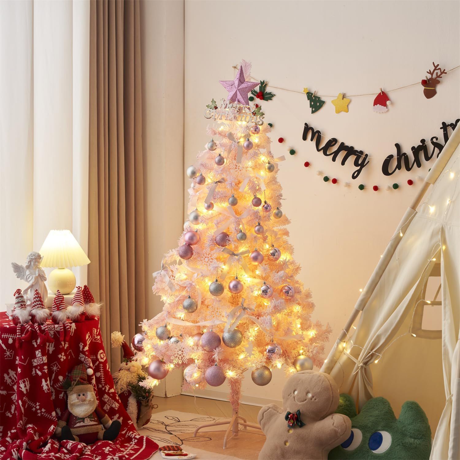 おしゃれ 電飾付き 豊富な枝数 オーナメントセット 組み立て簡単 プレゼント クリスマス LED飾りライト 明るい ピンク 180cm ＳＯＦＴＳＥＡ 季節 クリスマスツリー