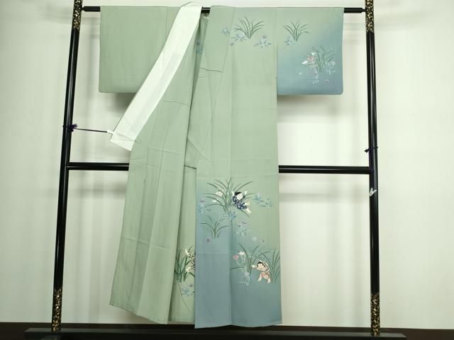 平和屋着物▽十日町友禅作家　関口遼一　訪問着　単衣　童子遊び　暈し染め　正絹　逸品　DAAW9403sf 平和屋着物▽十日町友禅作家 関口遼一 訪問着 単衣 童子遊び 暈し染め