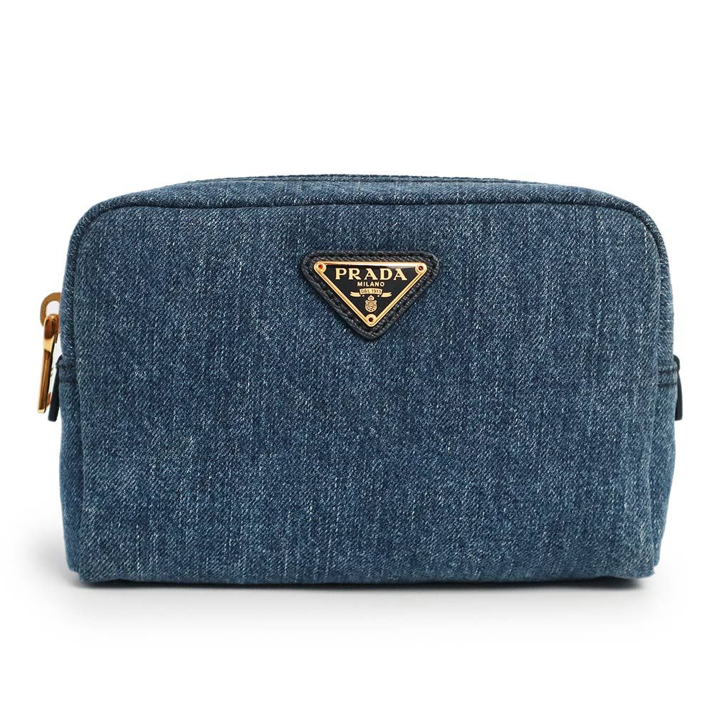 プラダ 三角ロゴプレート コスメ 化粧ポーチ デニム ブルー ゴールド金具 1NA021 PRADA ♥ 展示品