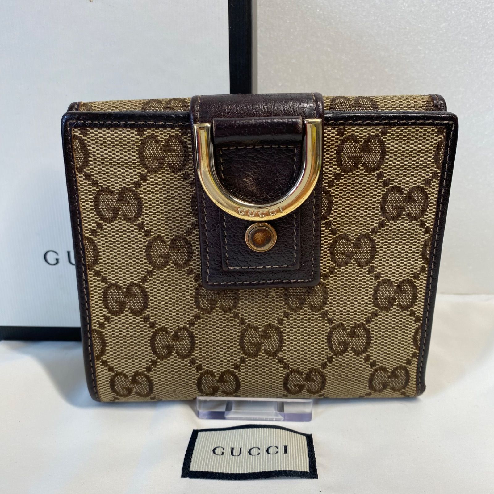 🧡極美品🧡GUCCI アビーGGキャンパス　折財布　ロゴ金具レザーブラウン　グッチ　シリアルナンバーあり！　3