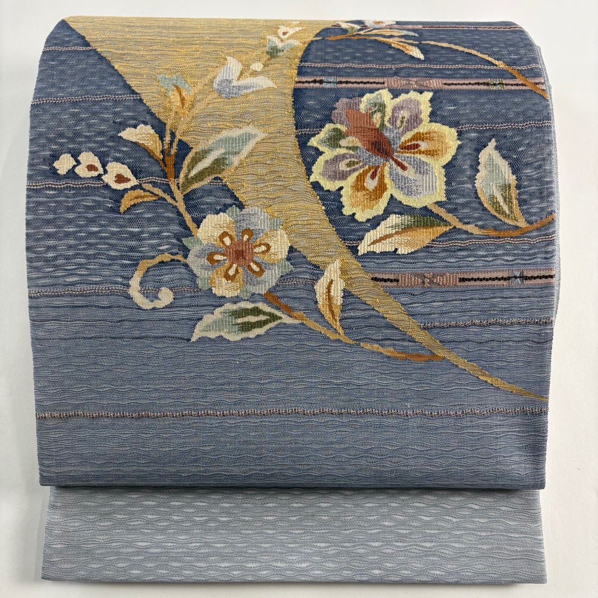 袋帯 秀品 草花 青灰色 お太鼓柄 正絹