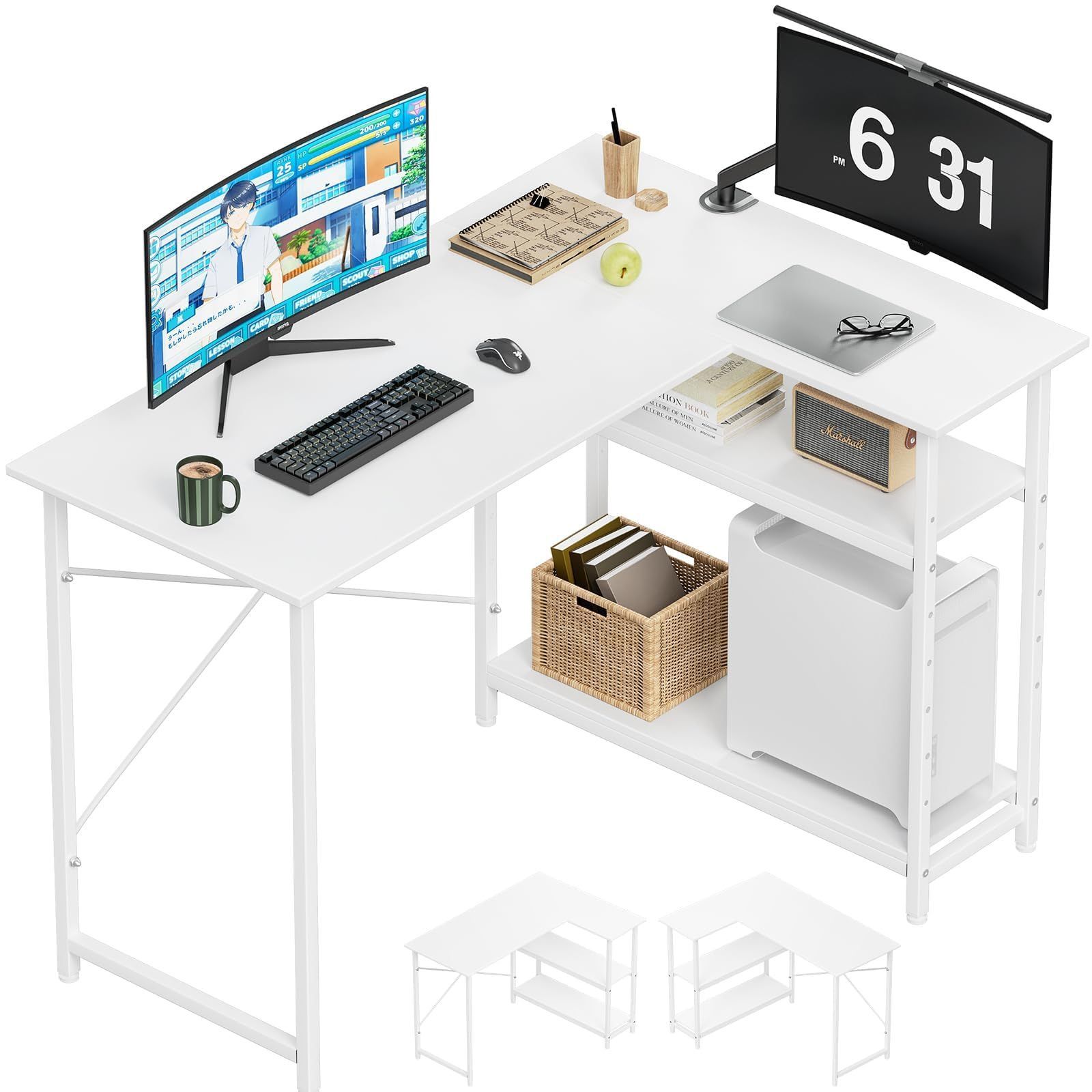 pcデスク l字デスク パソコンデスク 幅110cm H m 机 pcデスク 左右両替対応 コーナー 棚板高さ5段可動 ワーク 省スペース 書斎 ゲーミング オフィス シンプル L字型 作業机 勉強机 リモートワーク 棚付 ホワイト