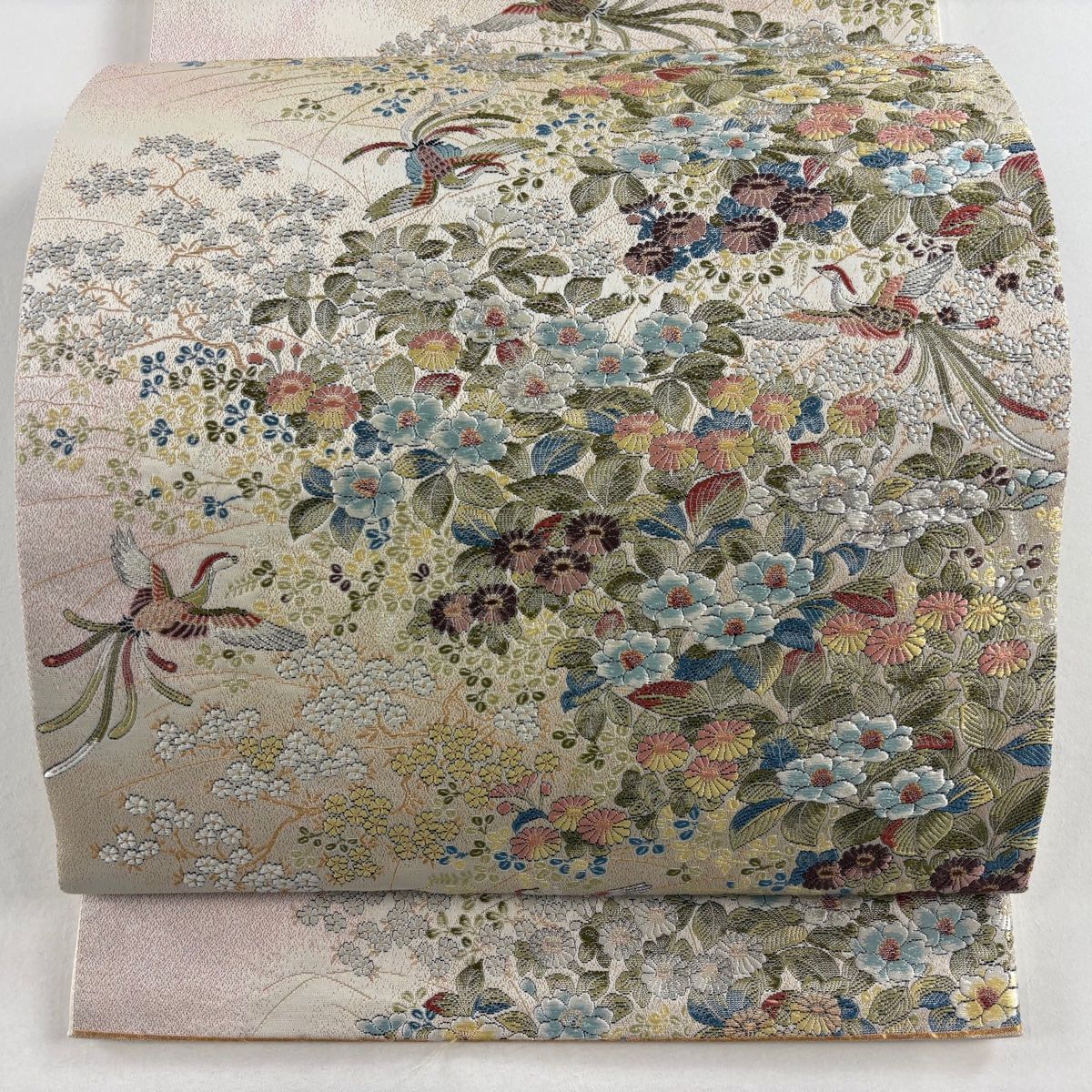 袋帯 秀品 草花 鳥 金糸 ベージュ 六通 正絹 【中古】 - メルカリ