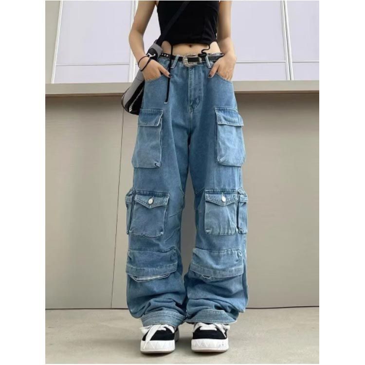 デザインパンツ カーゴ デニムドッキング ワイド ハイウエスト ワイドパンツ デニム レディース カーゴパンツ 多ポケット