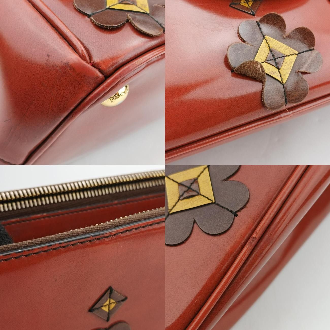 プラダPradaミディアムフローラルアップリケダブルジップレッド×ブラウン×イエローパテントB2274F25