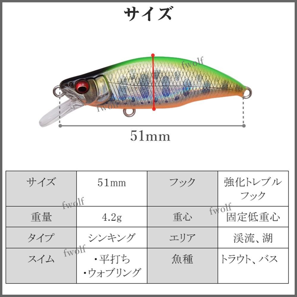 渓流 ルアー 5個 セット トラウトルアー シンキングミノー 51mm 4.2g