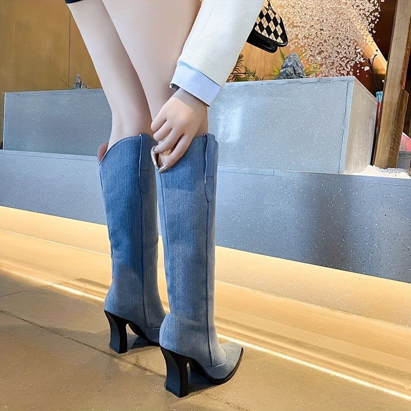 カウボーイブーツ サドルブーツ ニーハイブーツ ロングブーツ レディース 雪道 サイドゴア ヒール ロング 美脚 エンジニアブーツ ブーティ 秋冬 boots ブルー チャンキーヒール ポインテッドトゥ 脚長 美脚 おしゃれ KIN-KAAI_COM