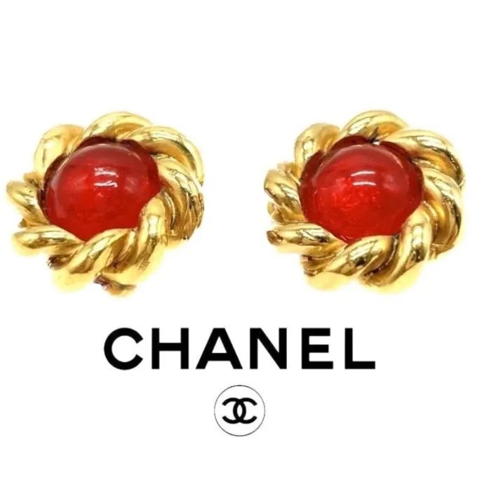 【希少】美品 ☆ CHANEL　シャネル　グリポア　イヤリング　ガラス　ストーン　カラーストーン　コスチュームジュエリー　ヴィンテージ　赤　レッド　金　 ゴールド　製造番号あり　ビンテージ　vintage　ヴィンテージ　70s　80s　90s　メンズ　レディース