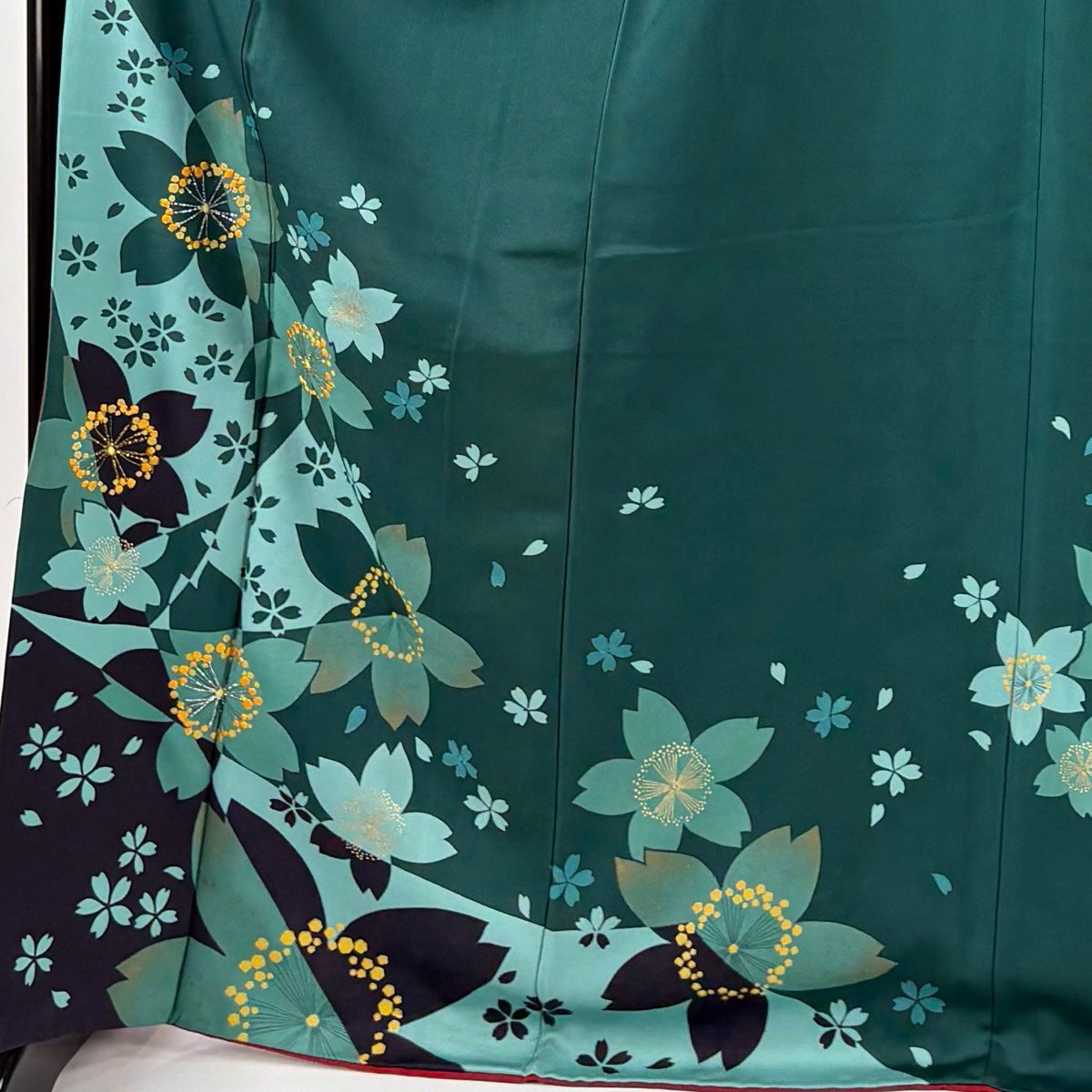 振袖 身丈171.5cm 裄丈68cm L 袷 桜 花びら 箔 金彩 緑 正絹 名品