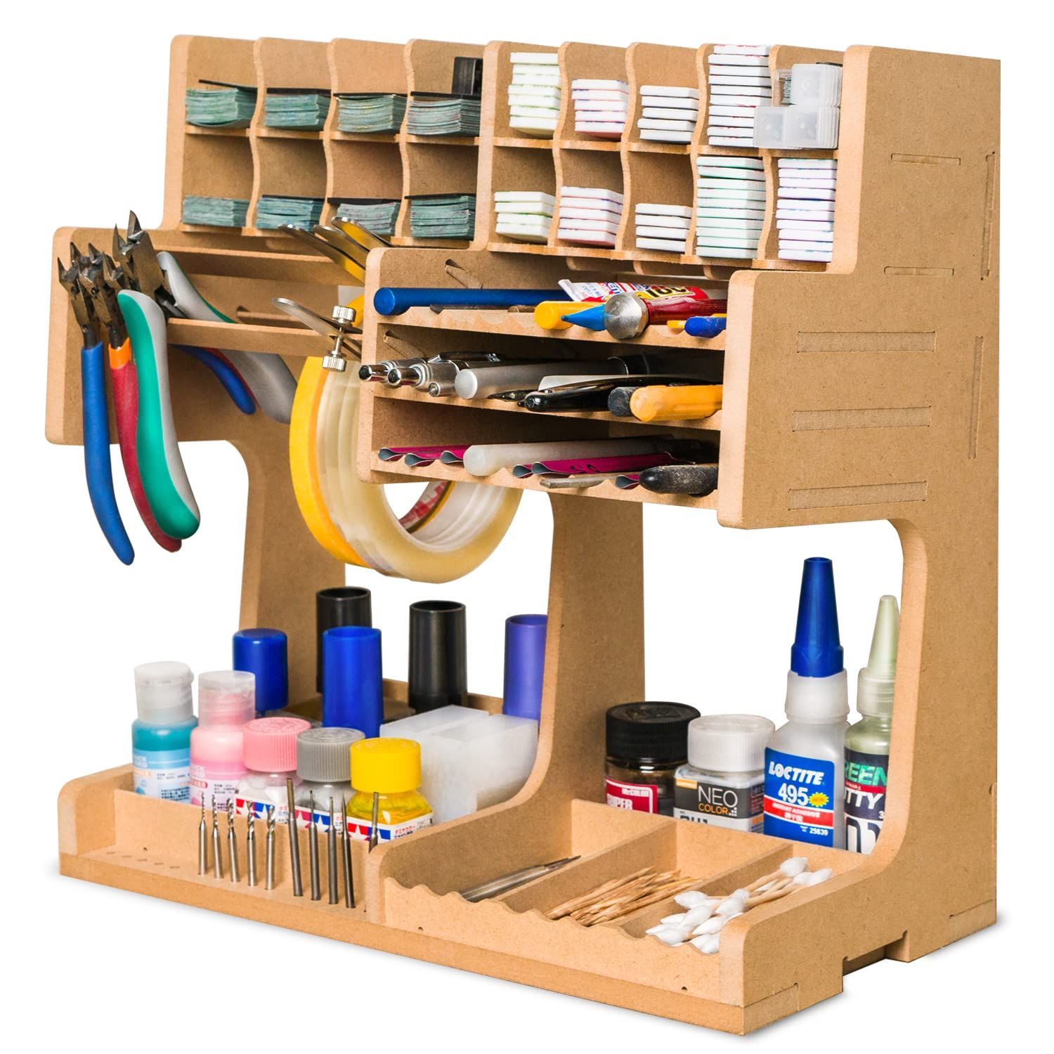 【在庫処分】筆収納 専用塗料ラック 工具収納 工作用品置き場 筆/ツールホルダー ガンプラ 作業台 道具入れ MDF素材 木製組立キット 組立式模型用塗料棚 モデルツール収納ラック プラモ製作