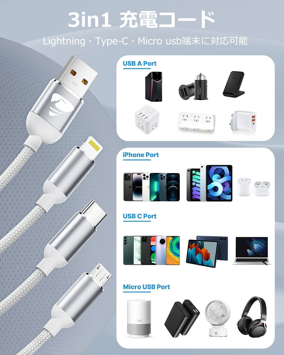 人気商品】充電ケーブル 3in1 Aioneus 2本セット 充電コード 3in1