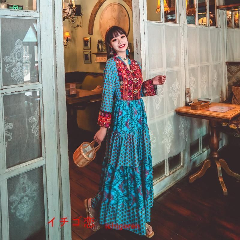 ワンピース ロング マキシ 着やせ効果抜群 夏秋 長袖 他と被らない 刺繍 上品 きれいめ ロングワンピース マキシワンピ パーティー 舞台 ダンス 演出