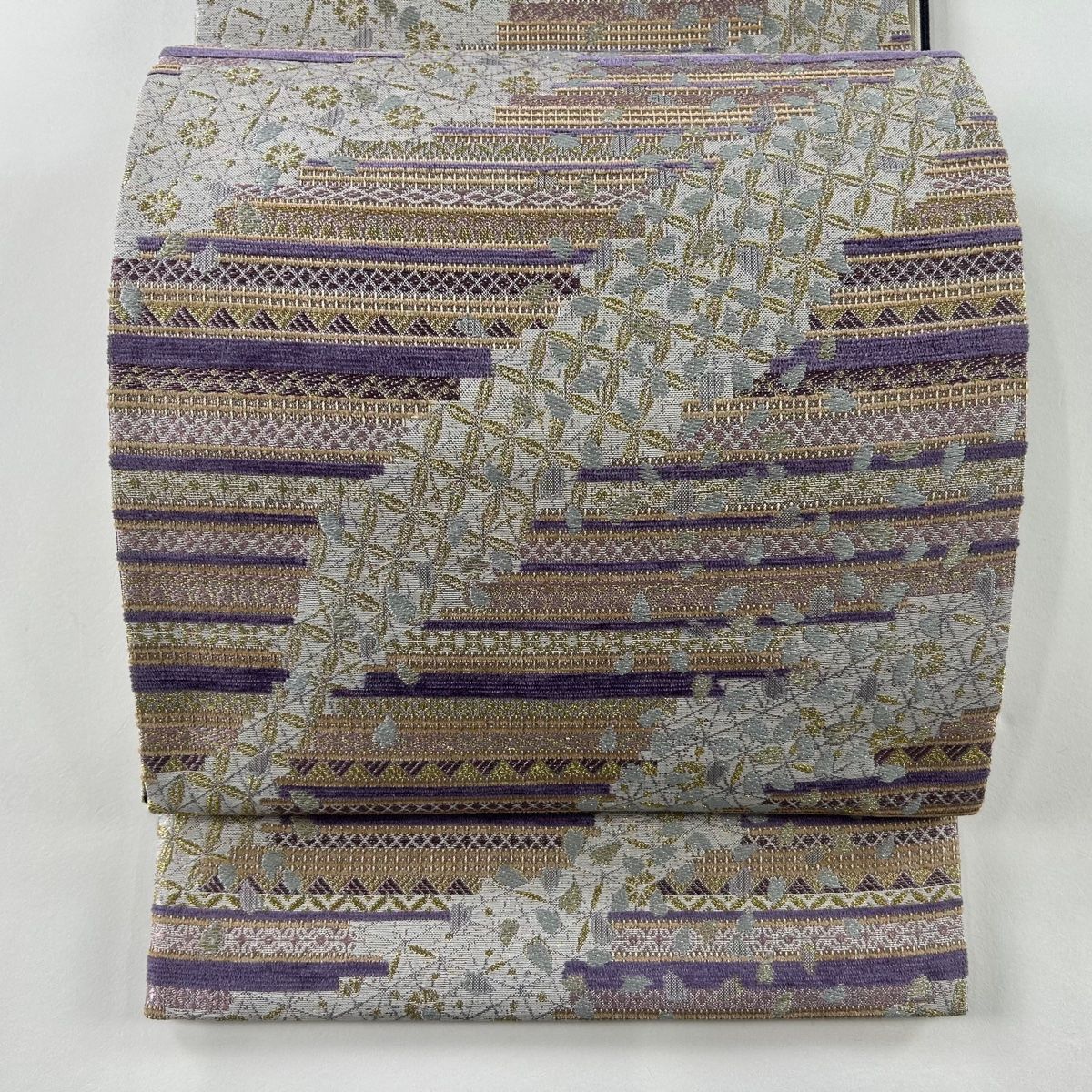 袋帯 名品 縞 花びら 金糸 箔 紫 六通 正絹