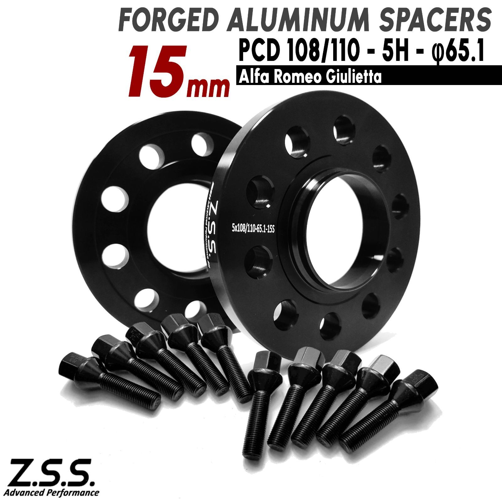 Z.S.S. AP アルファロメオ Alfa Romeo ジュリエッタ Giulietta 15mm スペーサー PCD108 PCD110 5穴 ハブ径65.1φ M12xP1.25 ボルト付き