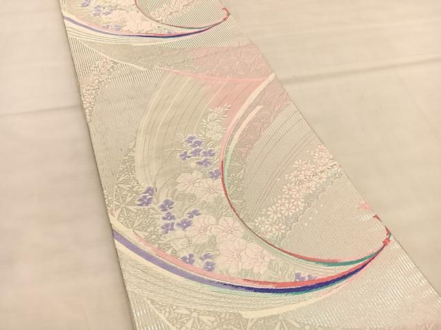 平和屋着物◎両面 六通柄袋帯 唐織 束ね熨斗花文 銀糸 正絹 逸品