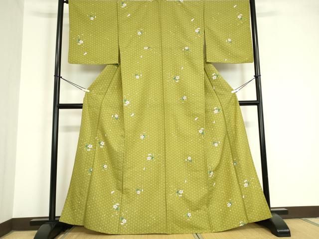 平和屋着物 小紋 単衣 麻の葉舞桜文 洗える着物 DAAV5734az