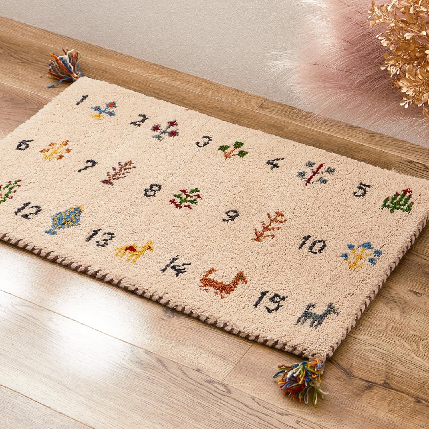 Color:アイボリー_Size:45 x 75 cm (長方形) 萩原 ギャッベ 玄関マット 屋内 アイボリー 約45×75cm 「ヌメロ」 羊毛 手織り 民族柄