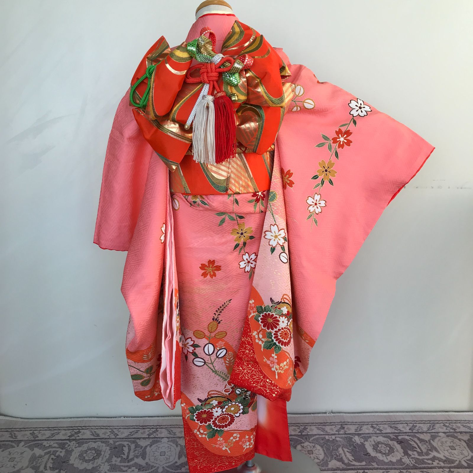 七五三 7歳女の子 着物 四つ身 ピンク 長襦袢 作り帯セット 帯揚げ