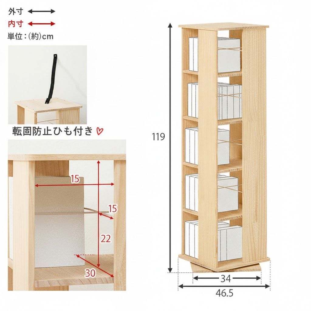 Y 無塗装パイン材 360度回転式 ブックラック 本棚 スリム 大容量 省スペース ブックシェルフ アウトレット MARWIL-DEMENAGEMENTS_CH