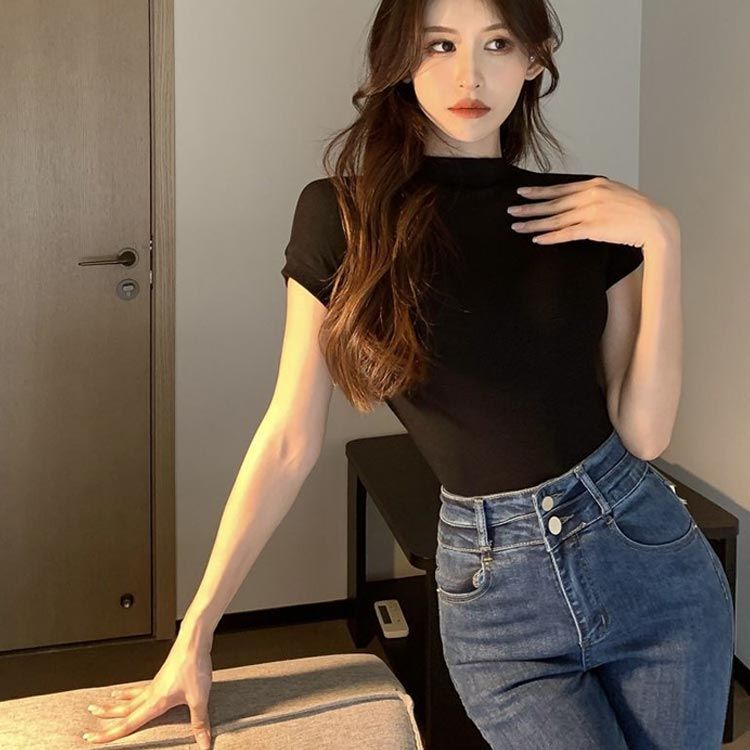 ストレッチ ニット ハイネック ハイネック 半袖Tシャツ 楽天市場】ハイネック 半袖 レディース tシャツ フィット 半袖t