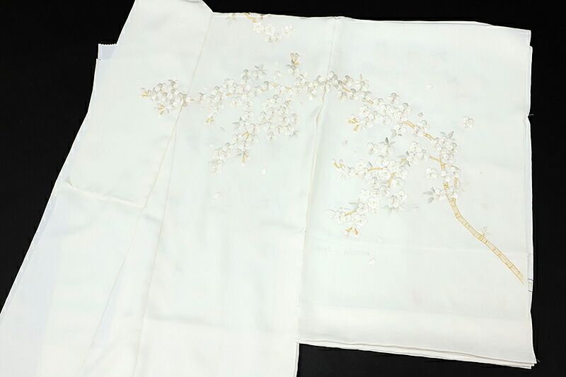 訪問着 極上手刺繍 総刺繍 正絹 オフホワイト 白地 桜 さくら サクラ 枝垂れ桜 桜枝 最高級丹後ちりめん 未仕立て 仮絵羽 高級 No.2-0158  - メルカリ