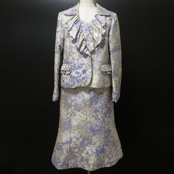 axc スズキノリオ Suzuki Norio スカートスーツ セットアップ アイボリー 紫 オートクチュール 刺繍 花柄 フリル レディース 965654