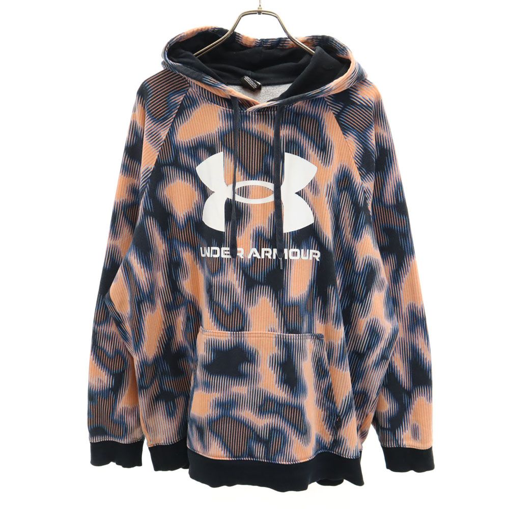 UNDER ARMOUR アンダーアーマー 総柄 長袖 スウェットパーカー 3XL オレンジ系 裏起毛 プルオーバー ビックサイズ メンズ 古着