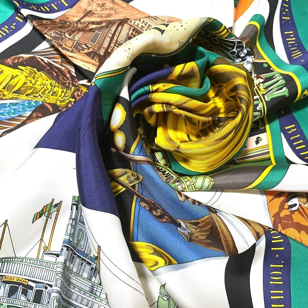 エルメス カレ90 THE ORLEANS NEW-ORIGINAL CREOLE JAZZ スカーフ ニューオリンズ オリジナルクレオールジャズ  タグ グリーン ホワイト イエロー 黄色 シルク Hermès Hermes