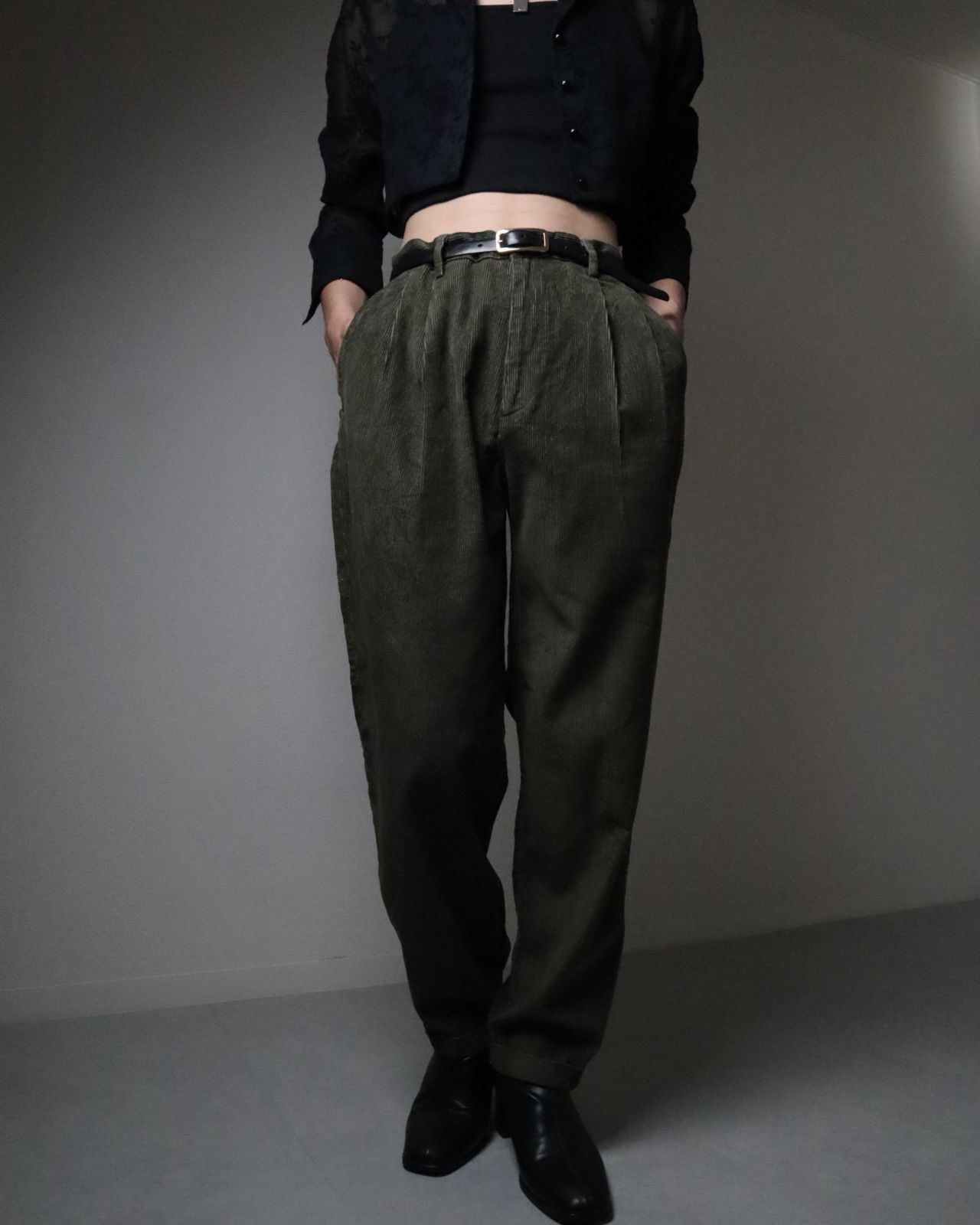 2tuck wide-straight corduroy pants khaki 80s 90s vintage 2
