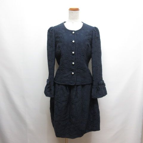 エムズグレイシー M S GRACY 花柄 ジャガード ジャケット スカート セットアップ 40 紺 ネイビー スカート裏地付き 日本製