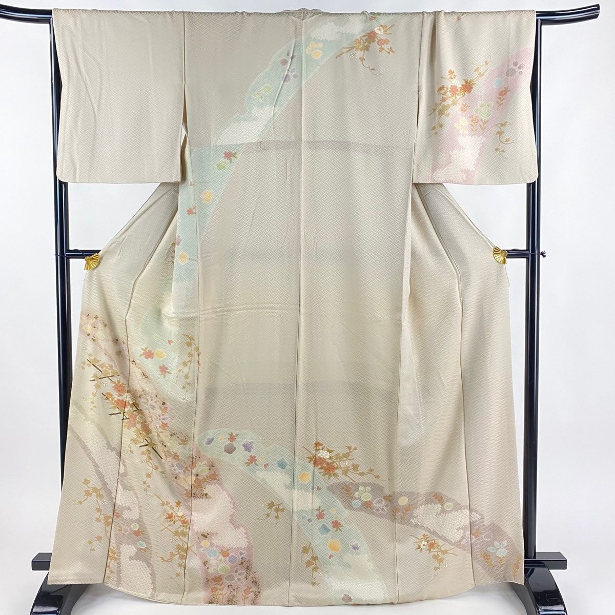 訪問着 身丈167cm 裄丈69cm L 袷 菊 橘 金彩 薄茶色 正絹 名品