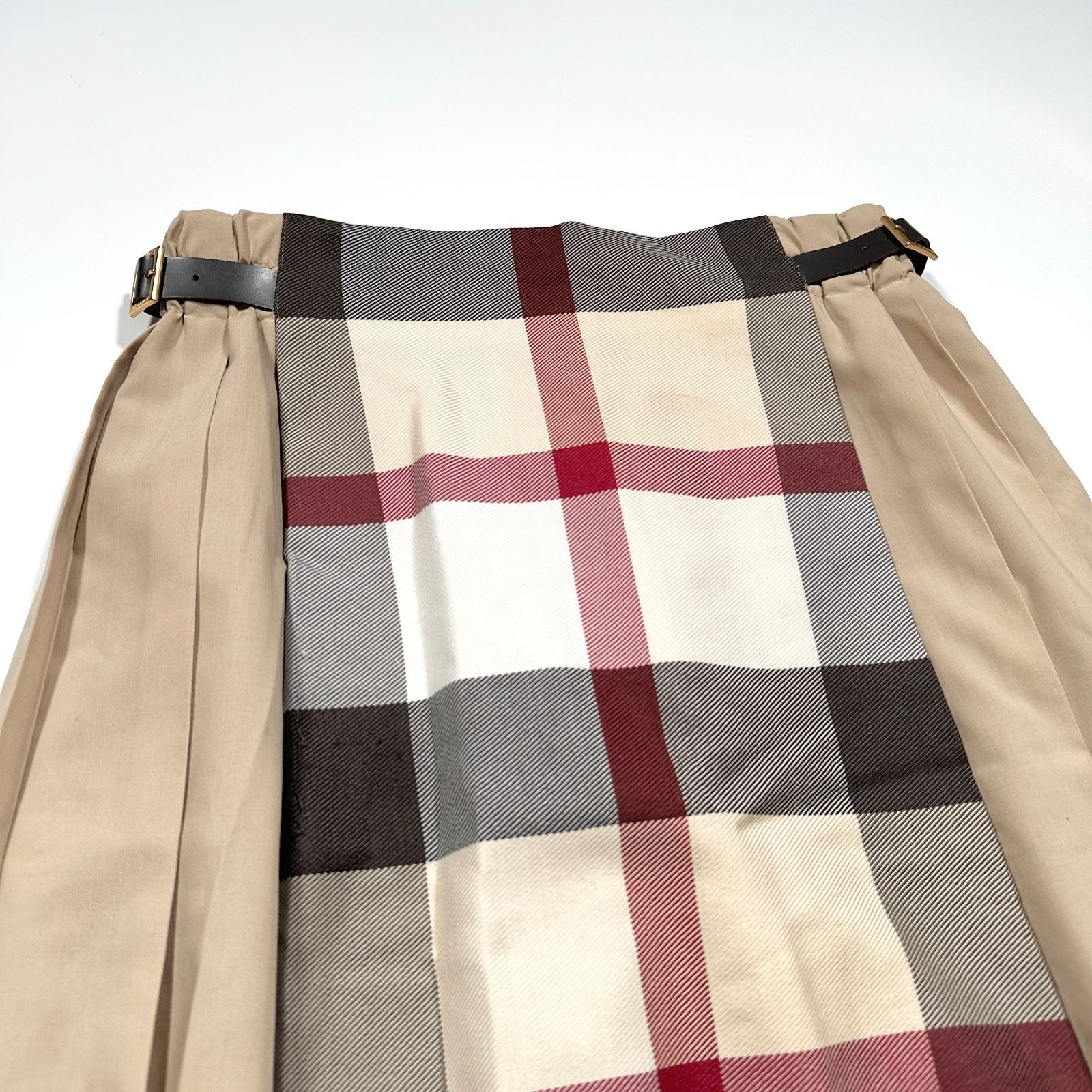 BLUELABEL CRESTBRIDGE ブルーレーベルクレストブリッジ ロングプリーツスカートチェック ウエストベルト40 ベージュ