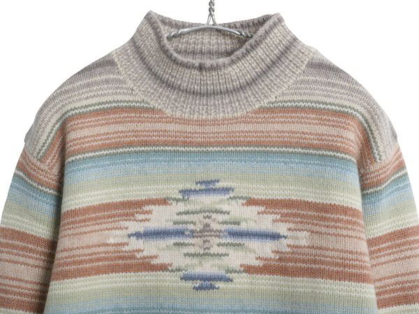 なクーポン配布中! 90s ローレン ラルフローレン ネイティブ ボーダー ニット セーター レディース S オールド ポロ ウール 手編み ハンドメイド ハイネック