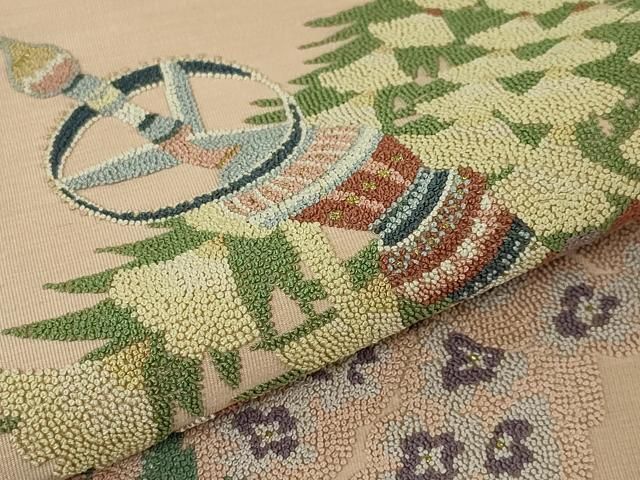 平和屋本店■極上　手織綴れ　山鹿清華　中国三大刺繍　総相良刺繍　総刺繍　太鼓柄袋帯　ロケット　花　逸品　未使用　DZAA3981kh5 平和屋本店□極上 手織綴れ 山鹿清華 中国三大刺繍 総相良刺繍 総刺繍