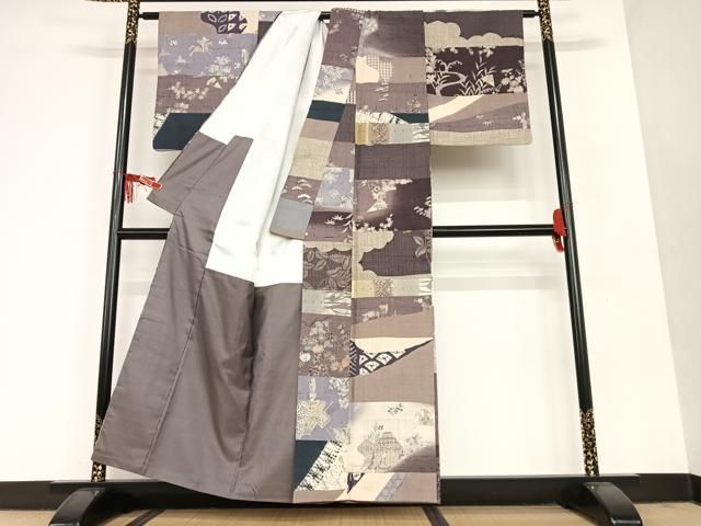 平和屋着物○生紬 切継 寄裂 人物風景花文 正絹 逸品 AAAU8006zg  